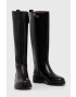 Tommy Hilfiger Kožené čižmy COOL ELEVATED LONGBOOT dámske čierna farba na plochom podpätku FW0FW07488 - Pepit.sk