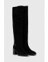 Tommy Hilfiger Semišové čižmy FEMININE SUEDE OVERKNEE BOOT dámske čierna farba na podpätku FW0FW07667 - Pepit.sk