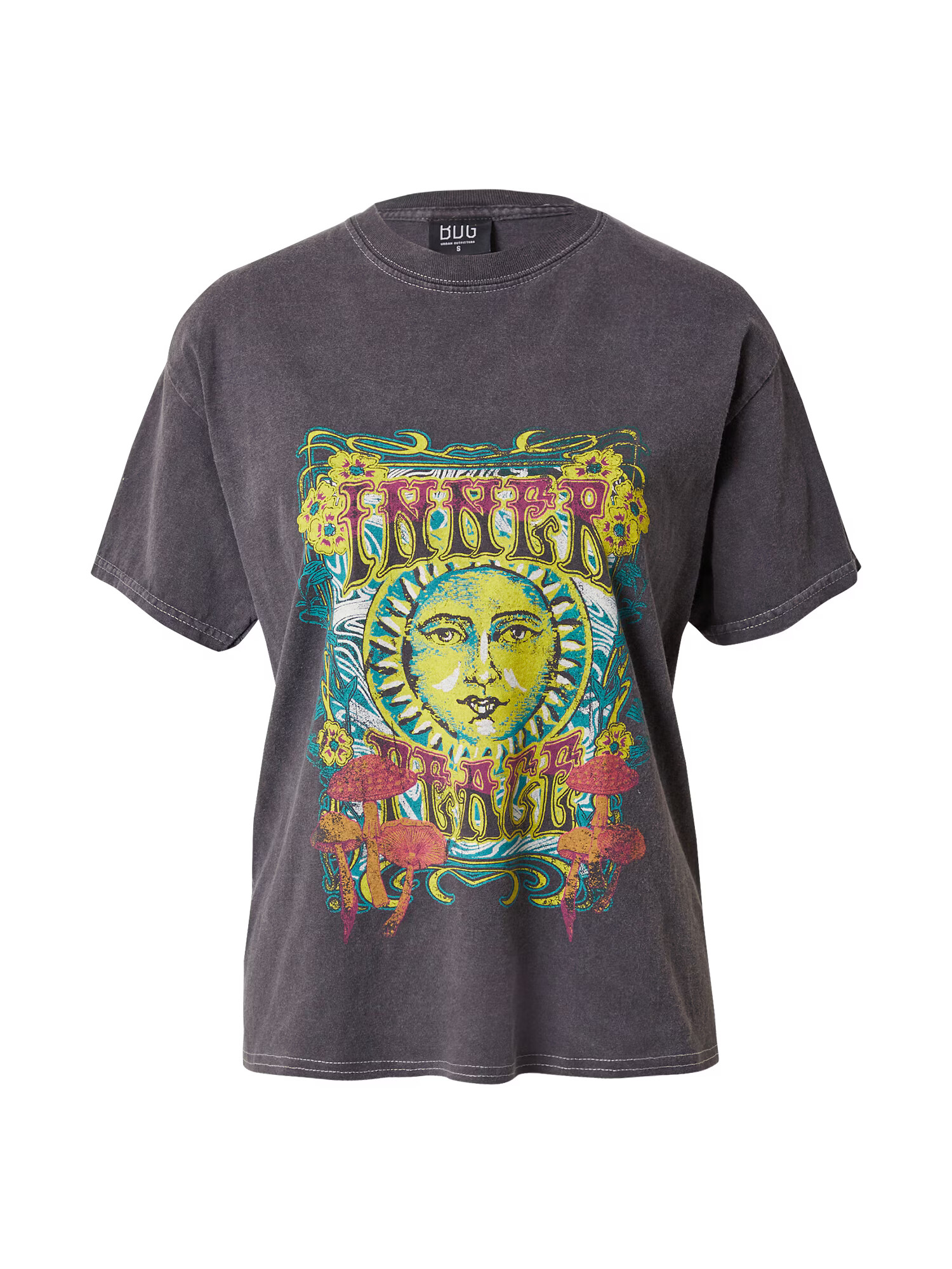 BDG Urban Outfitters Tričko 'INNER PEACE' žltá / tmavosivá / nefritová / ružová - Pepit.sk