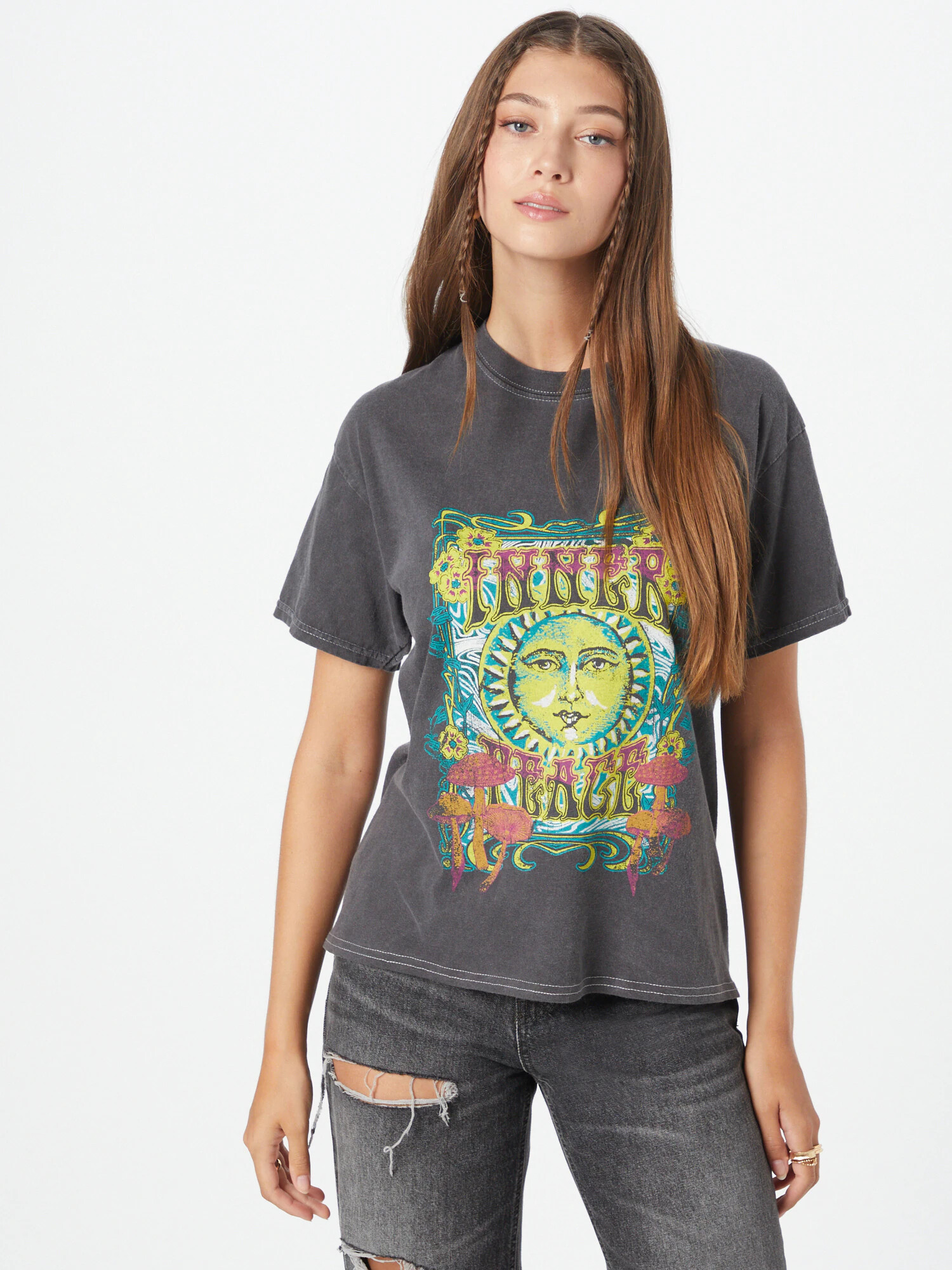 BDG Urban Outfitters Tričko 'INNER PEACE' žltá / tmavosivá / nefritová / ružová - Pepit.sk