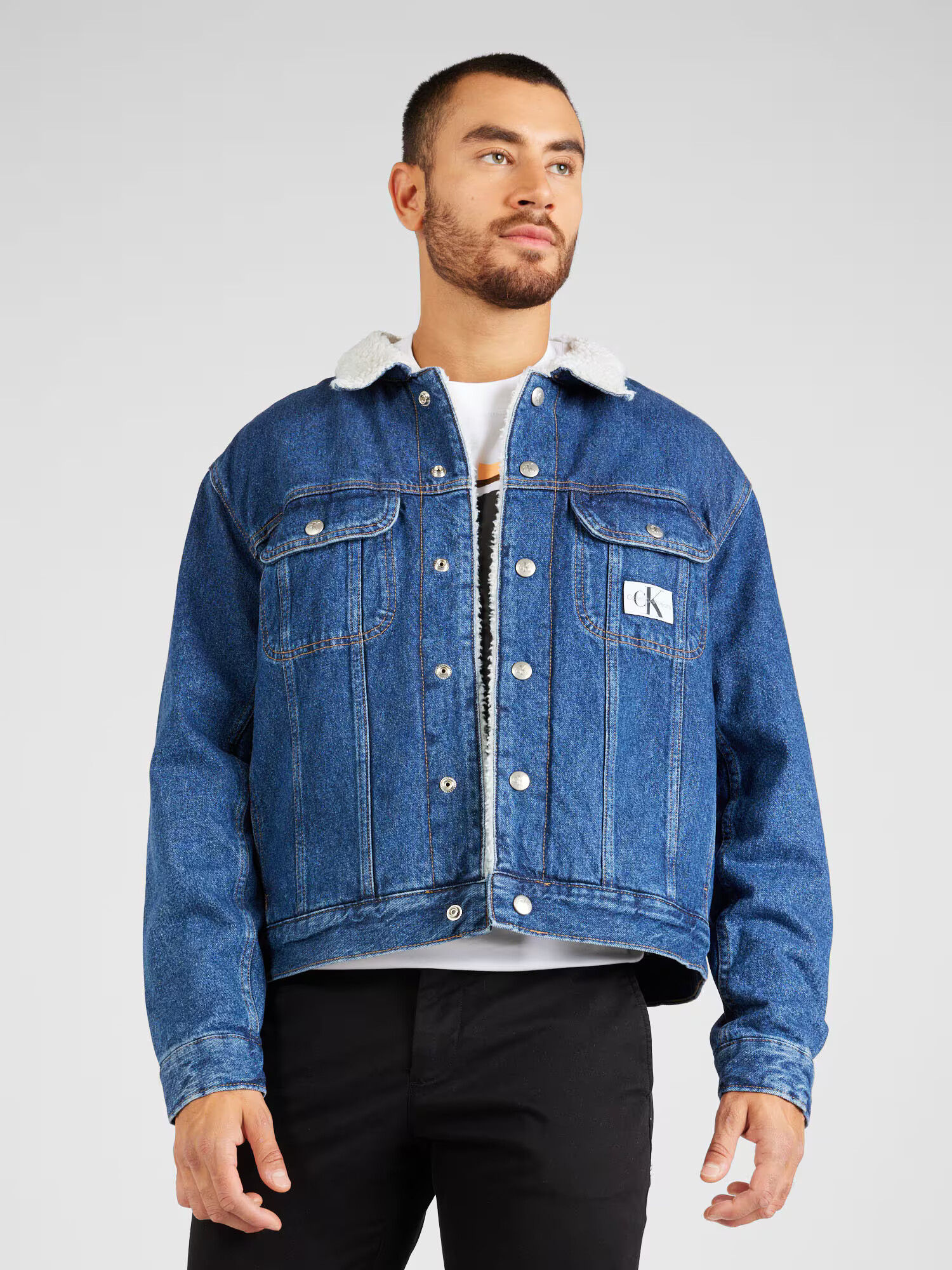 Calvin Klein Jeans Prechodná bunda '90's Sherpa' krémová / modrá denim / biela - Pepit.sk