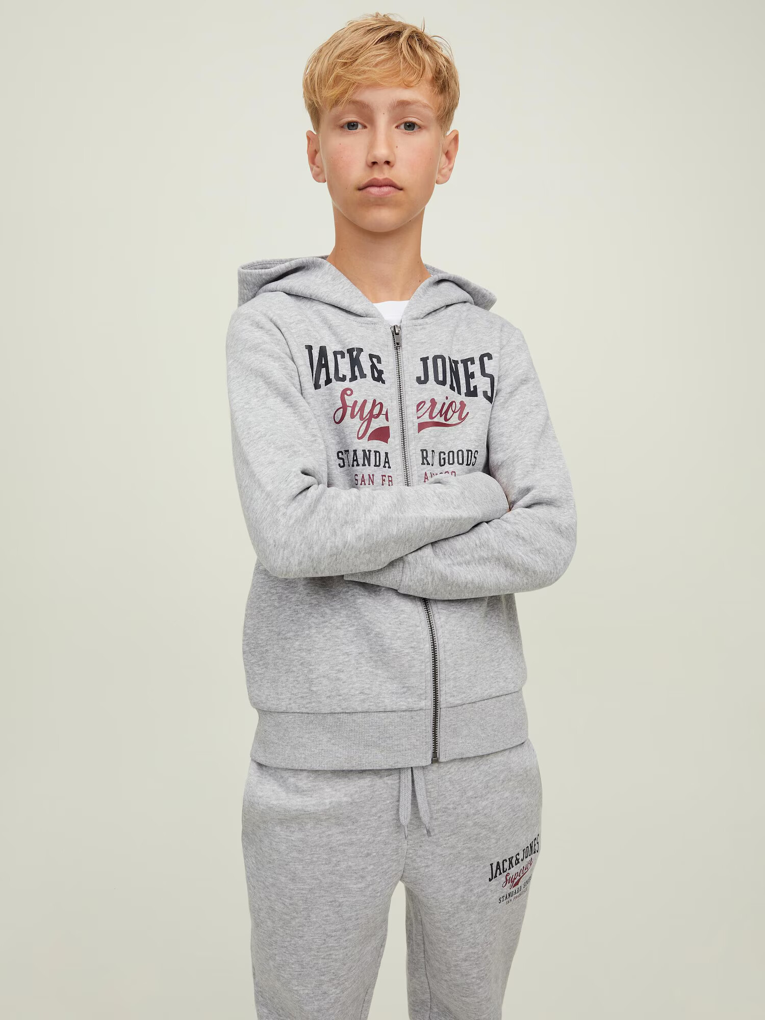 Jack & Jones Junior Tepláková bunda 'Logo' sivá melírovaná / červená / čierna - Pepit.sk