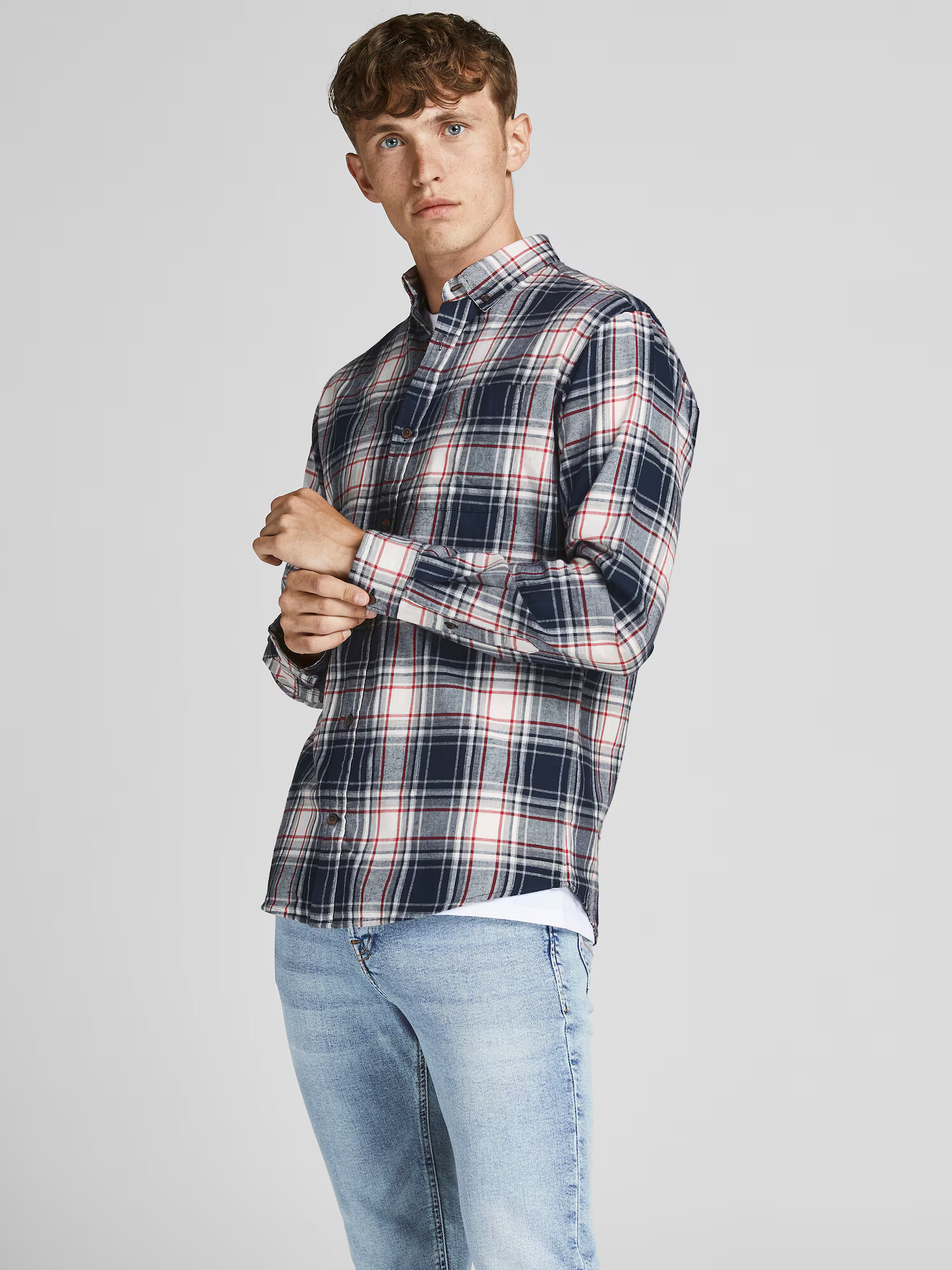 JACK & JONES Košeľa námornícka modrá / svetlosivá / tmavočervená / biela - Pepit.sk