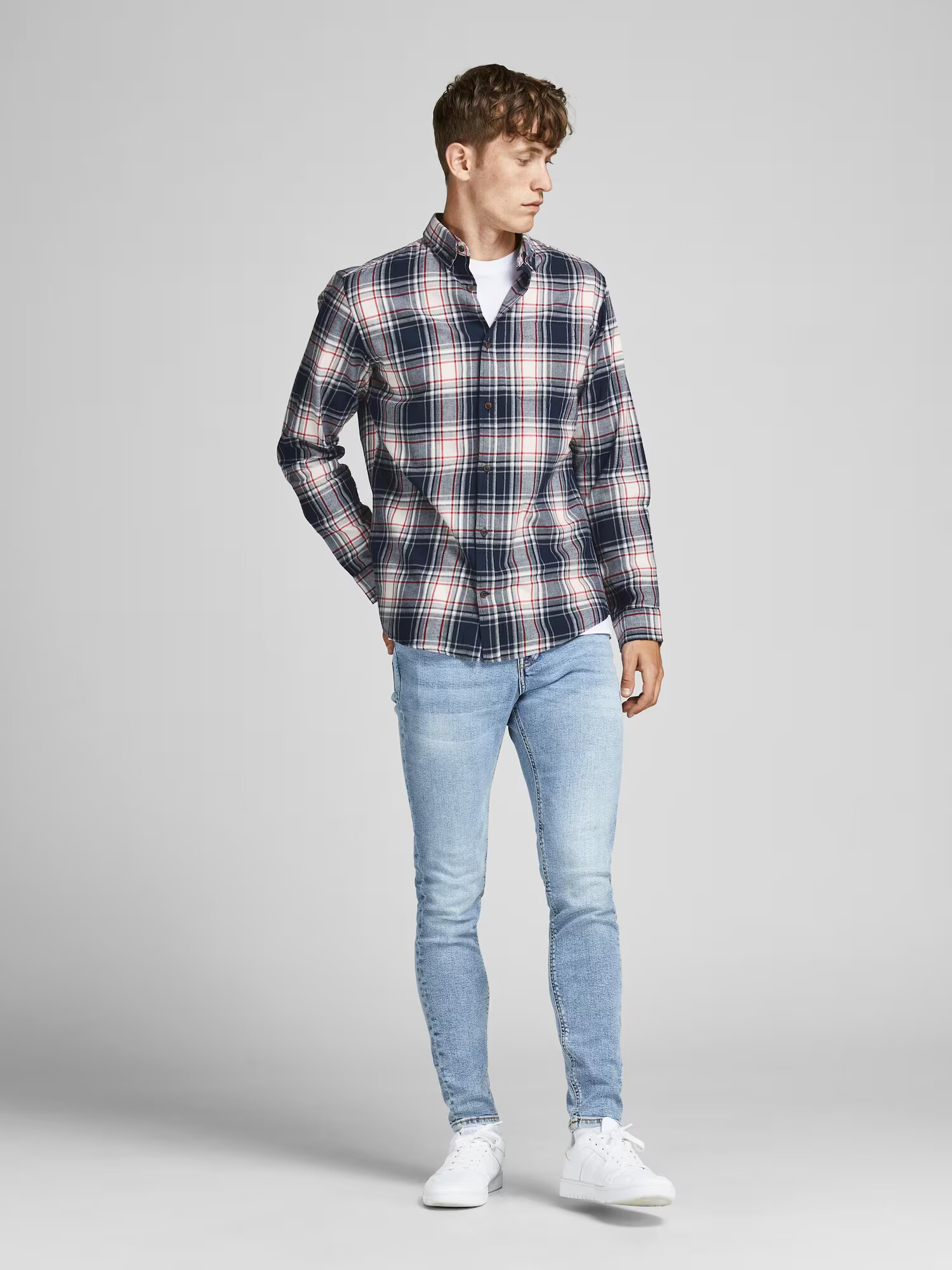 JACK & JONES Košeľa námornícka modrá / svetlosivá / tmavočervená / biela - Pepit.sk