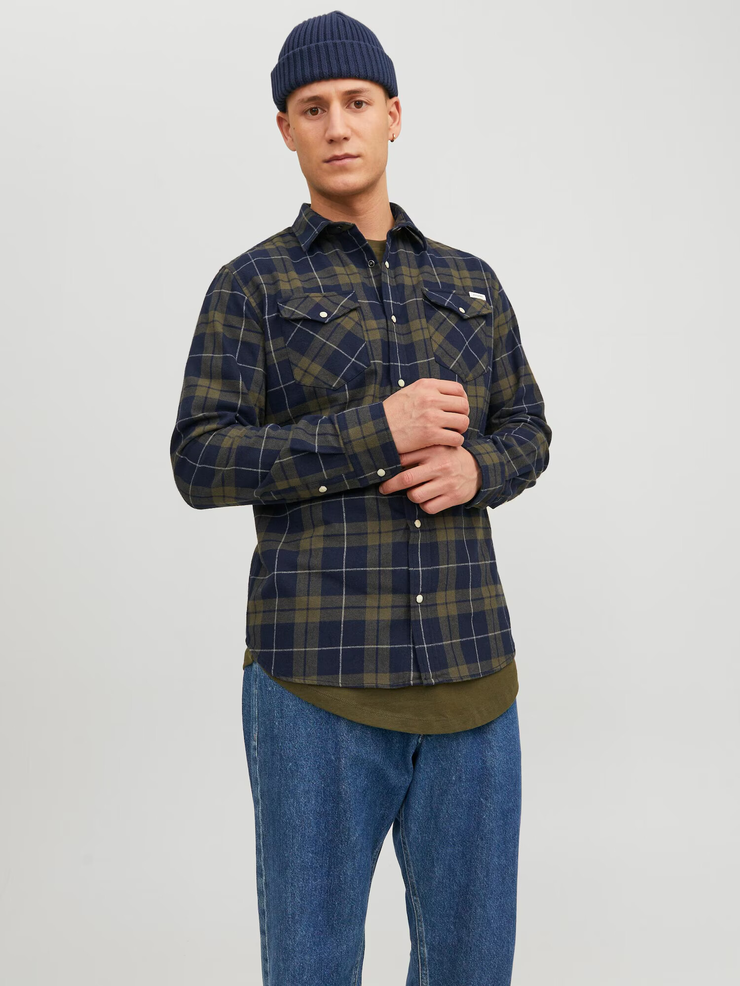 JACK & JONES Košeľa 'Sheridan' tmavomodrá / olivová / biela - Pepit.sk