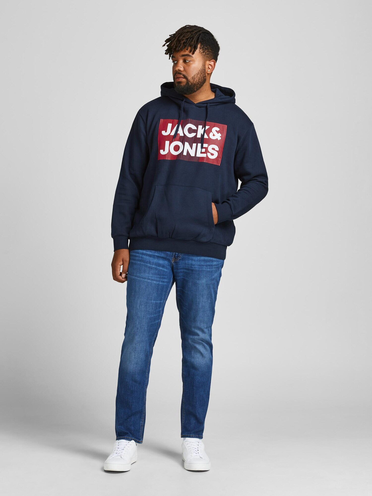 Jack & Jones Plus Mikina 'JJECORP' námornícka modrá / červená / biela - Pepit.sk