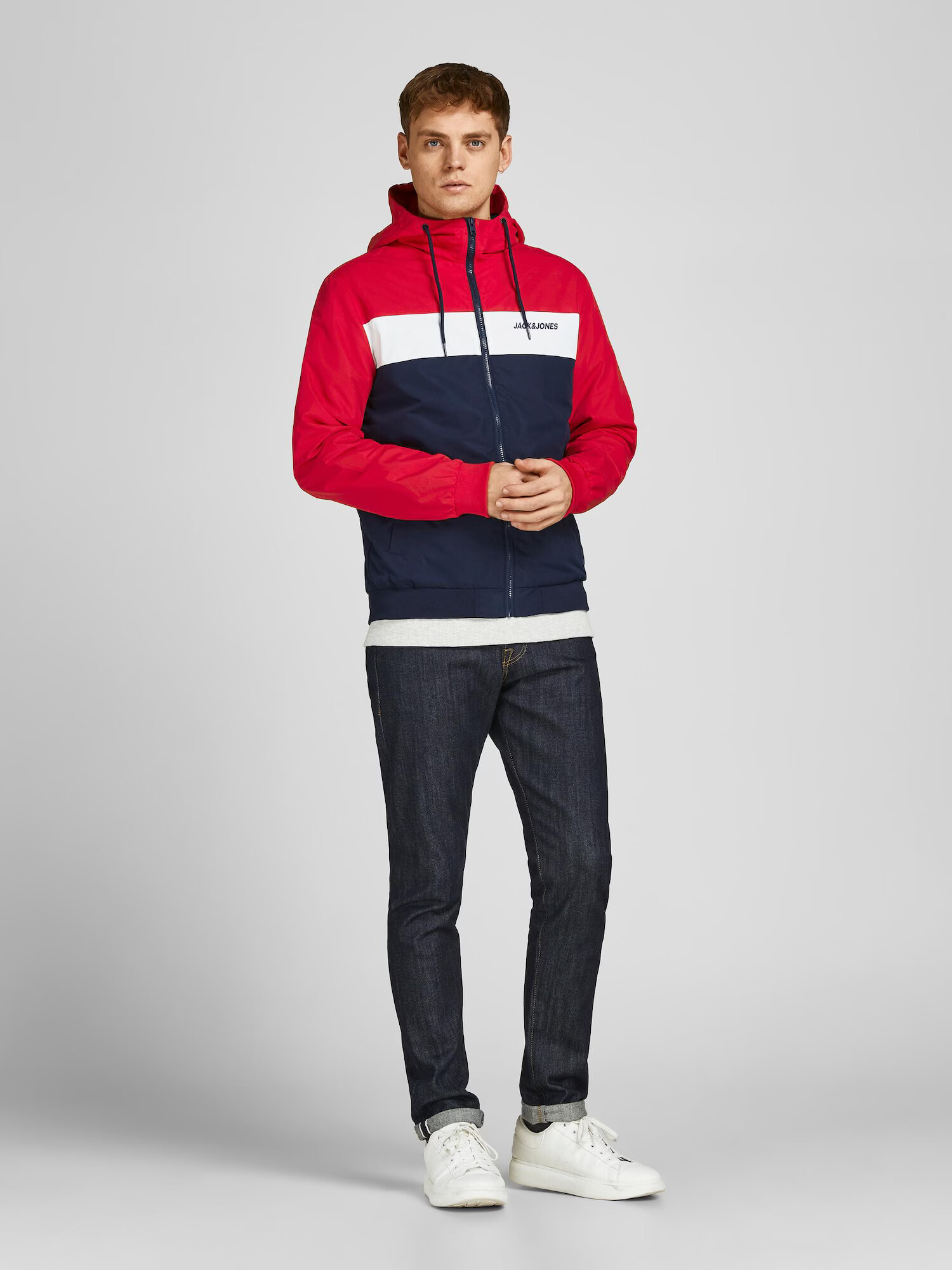 JACK & JONES Prechodná bunda 'Rush' tmavomodrá / červená / biela - Pepit.sk