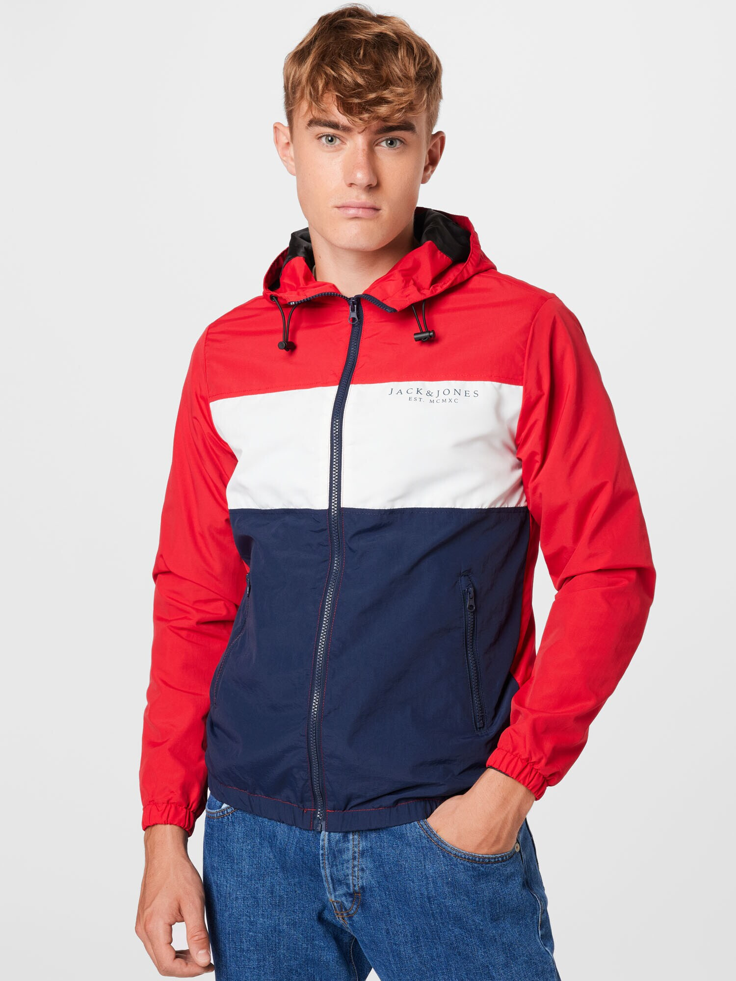 JACK & JONES Prechodná bunda tmavomodrá / červená / biela - Pepit.sk