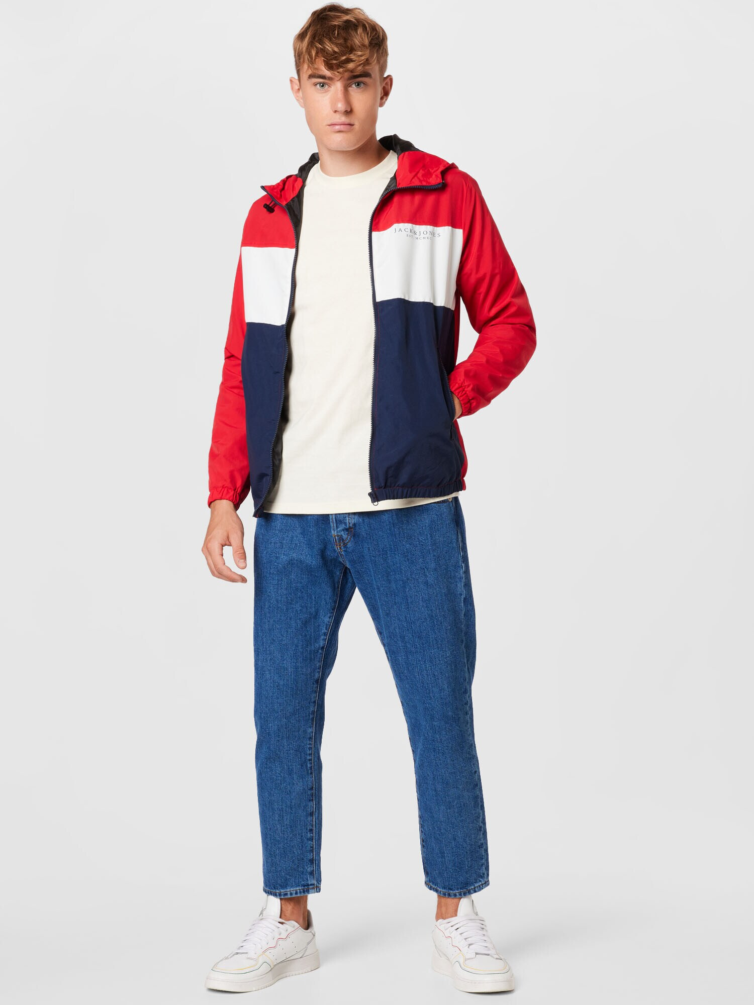 JACK & JONES Prechodná bunda tmavomodrá / červená / biela - Pepit.sk