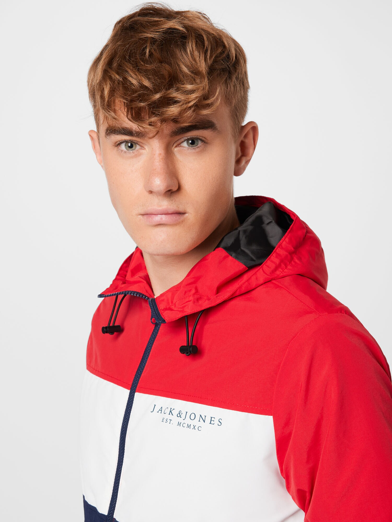 JACK & JONES Prechodná bunda tmavomodrá / červená / biela - Pepit.sk