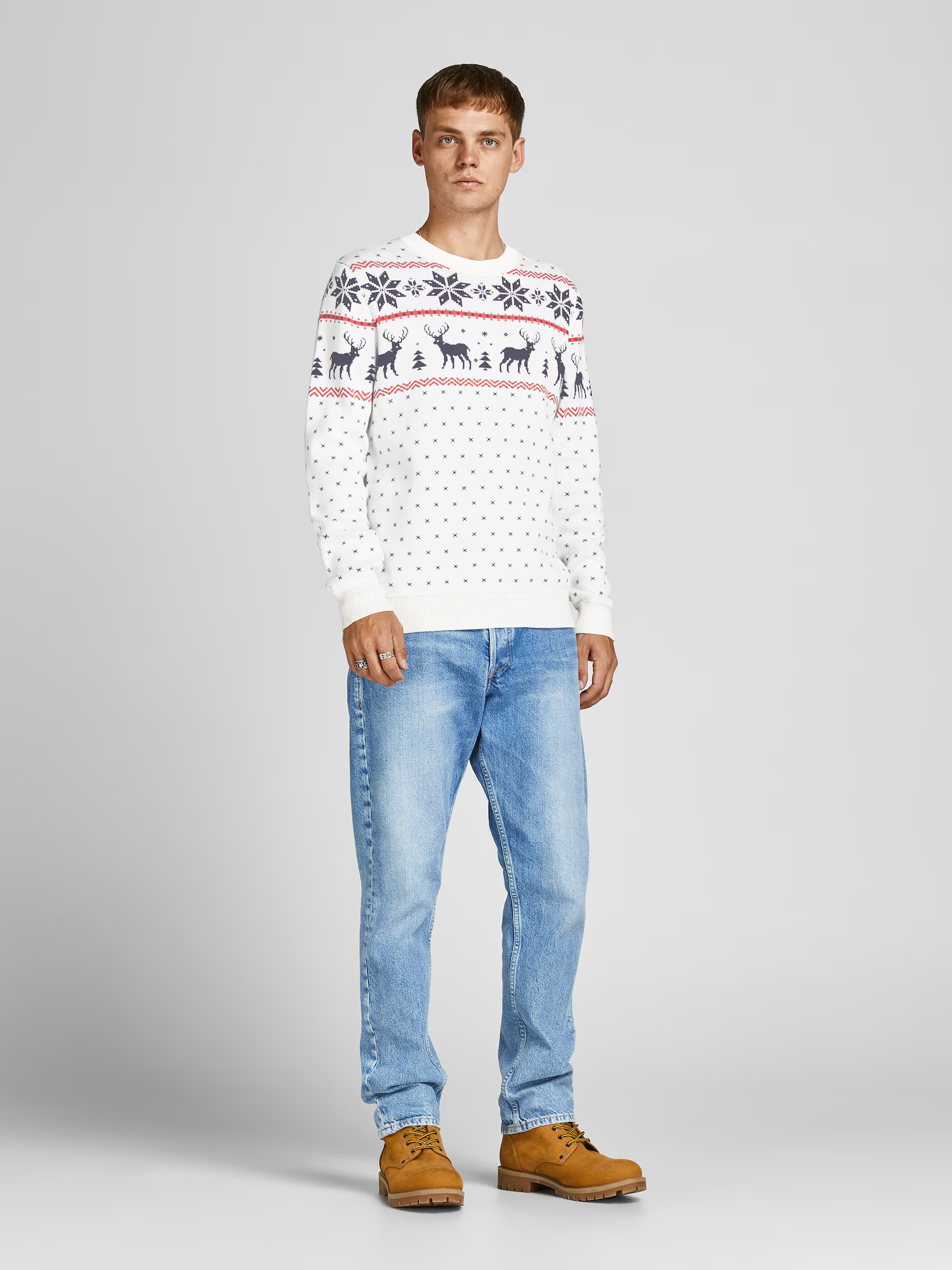 JACK & JONES Sveter 'Snowy' krémová / tmavomodrá / červená - Pepit.sk