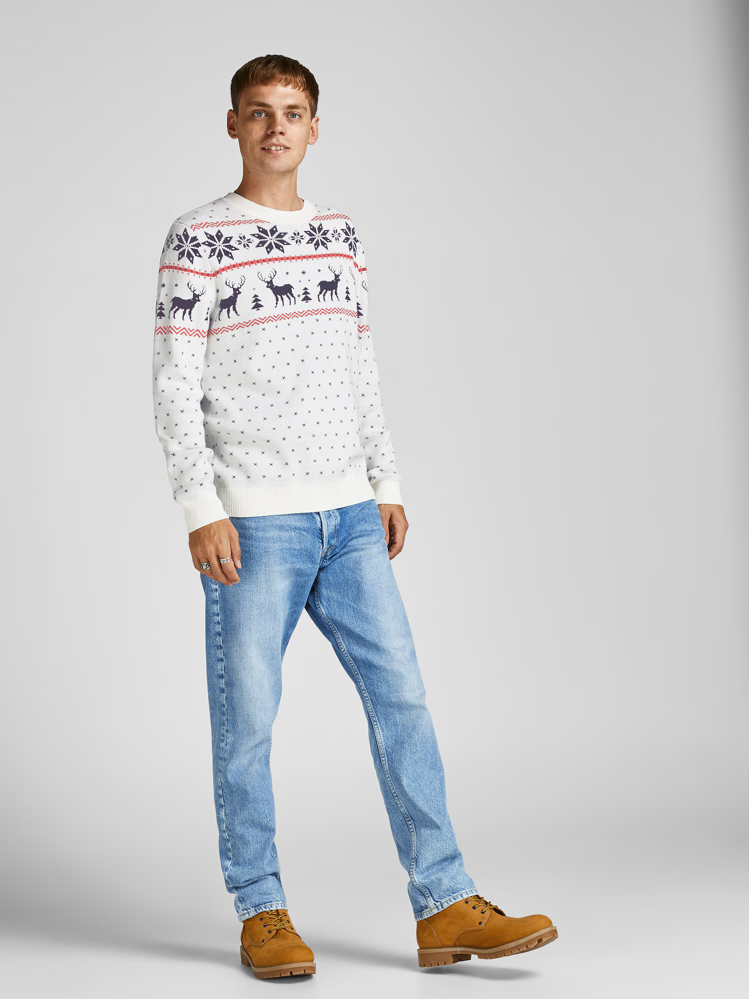 JACK & JONES Sveter 'Snowy' krémová / tmavomodrá / červená - Pepit.sk