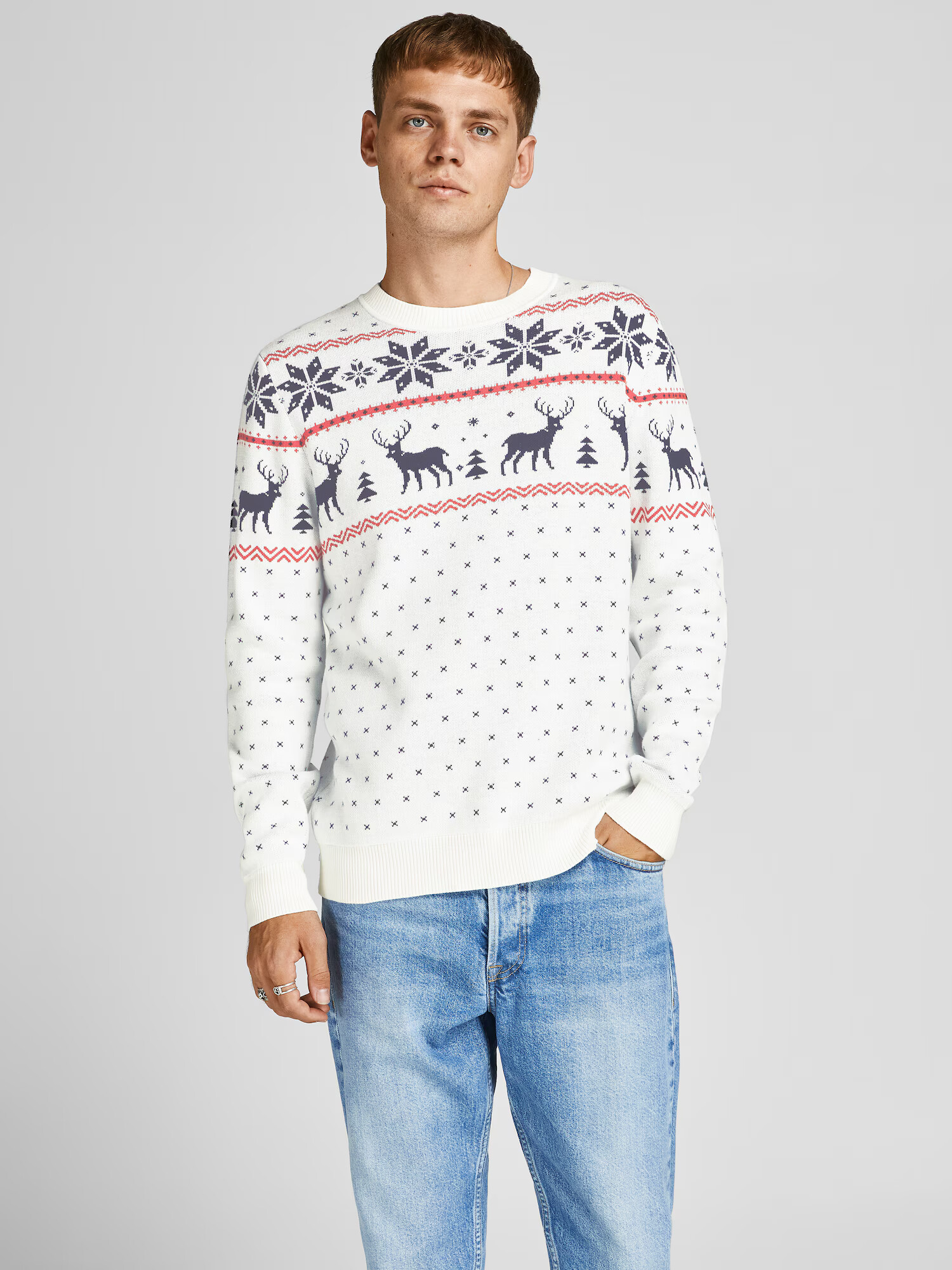 JACK & JONES Sveter 'Snowy' krémová / tmavomodrá / červená - Pepit.sk