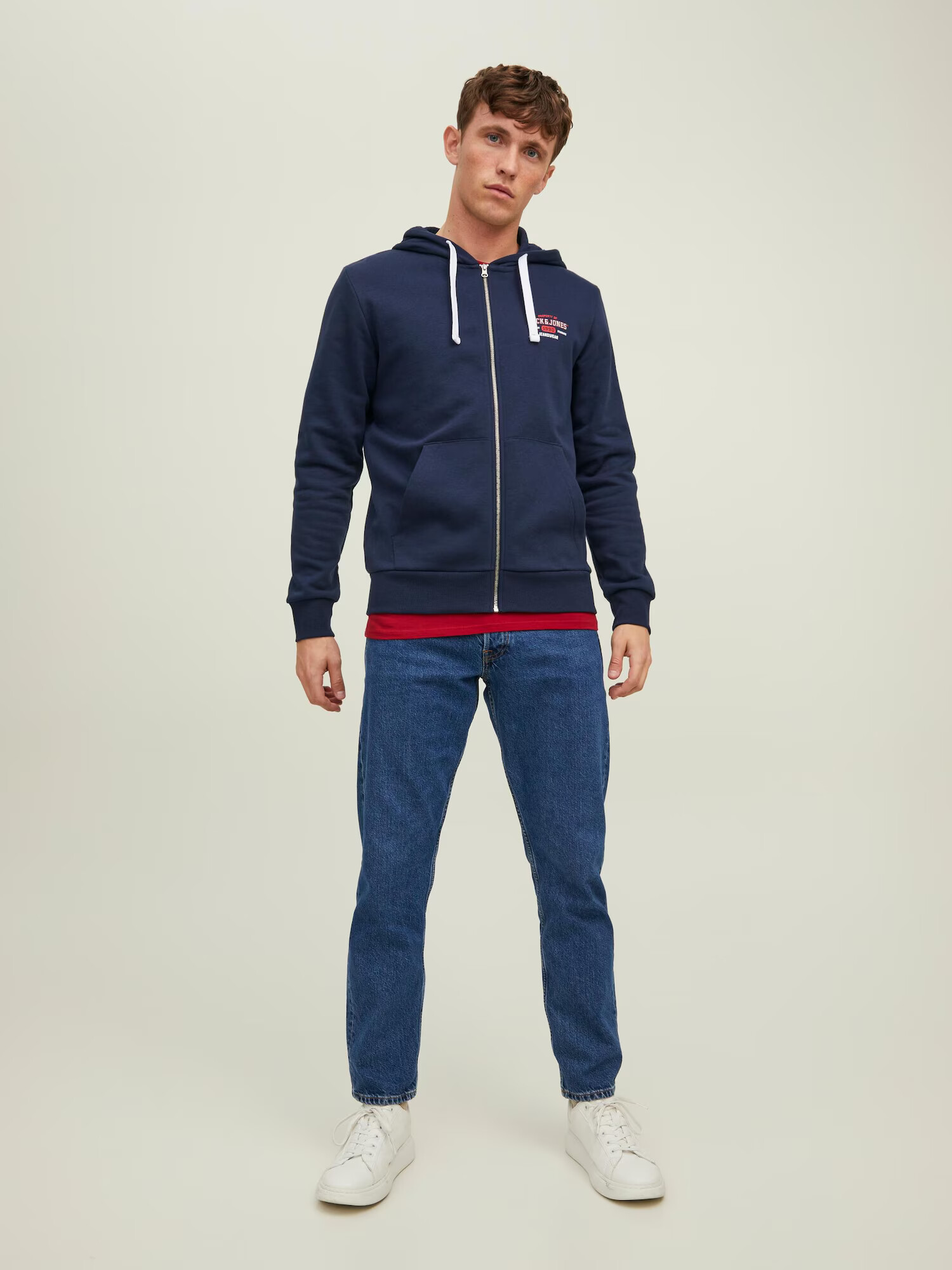 JACK & JONES Tepláková bunda 'STAMP' námornícka modrá / červená / biela - Pepit.sk