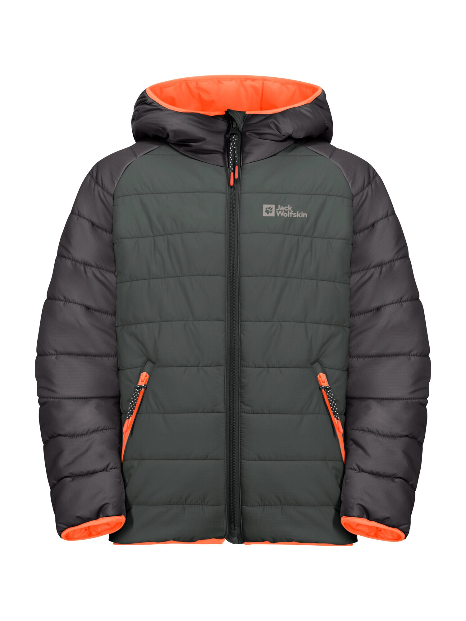 JACK WOLFSKIN Outdoorová bunda 'Zenon' grafitová / jedľová / oranžová - Pepit.sk