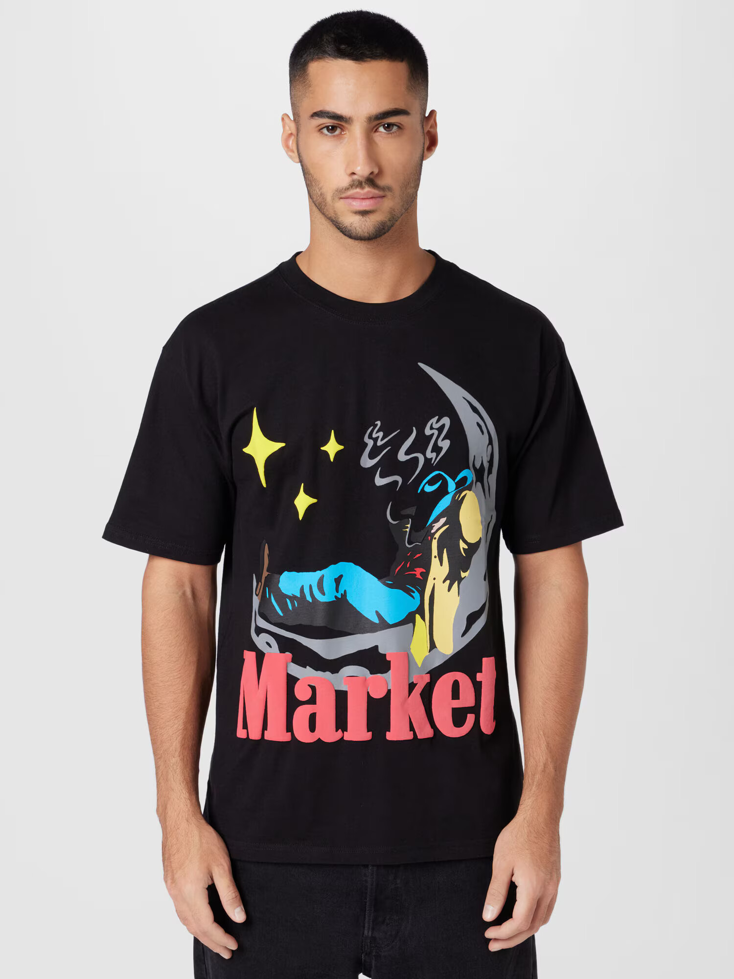 MARKET Tričko 'Man On Moon' nebesky modrá / žltá / červená / čierna - Pepit.sk