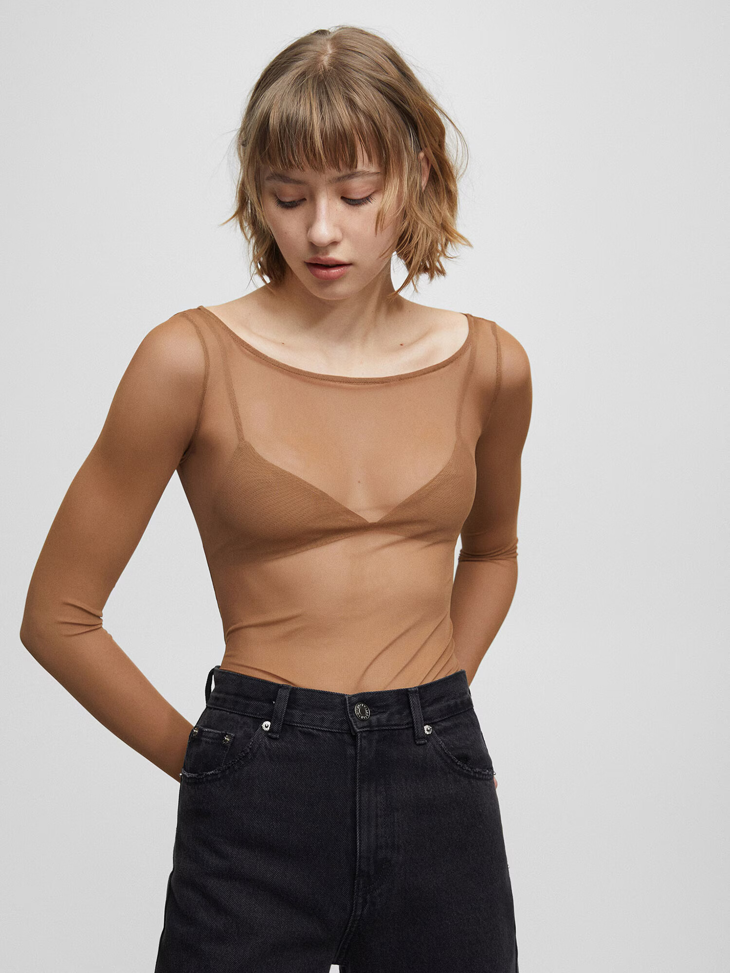 Pull&Bear Košeľové body hnedá - Pepit.sk