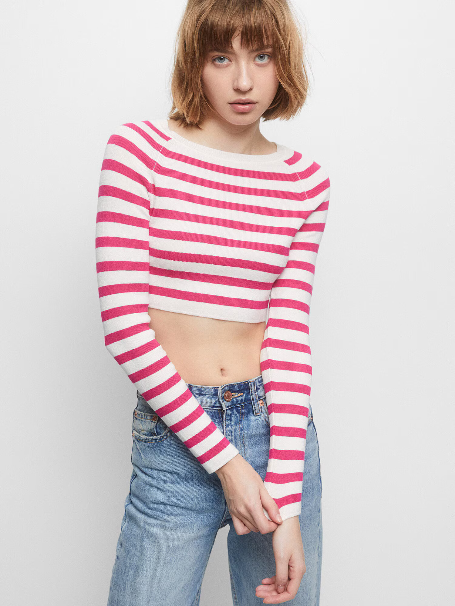 Pull&Bear Sveter fuksia / prírodná biela - Pepit.sk