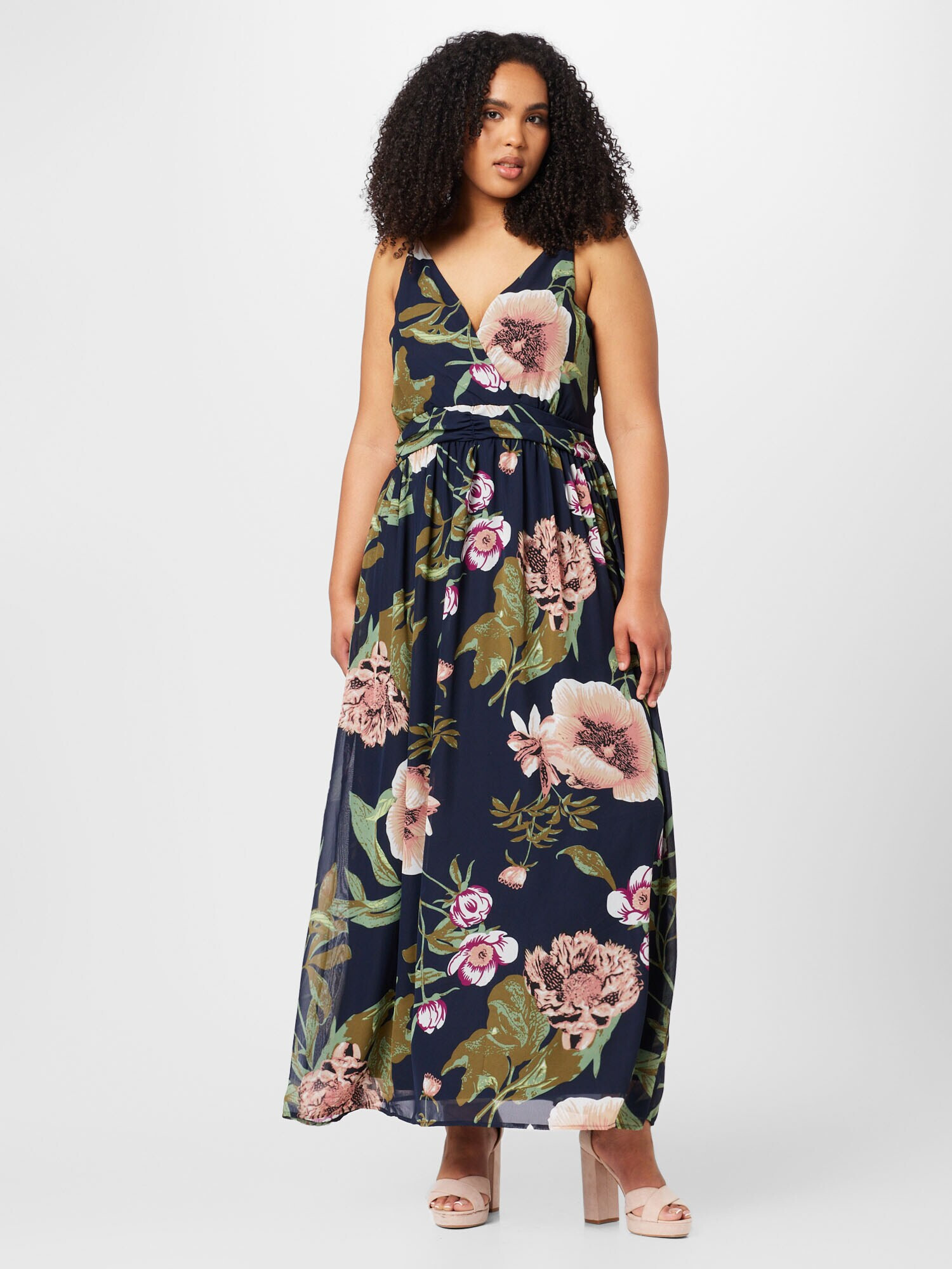 Vero Moda Curve Letné šaty 'VMKATNISS S/L MAXI DRESS EXP GA CUR' námornícka modrá / kaki / svetlozelená / púdrová - Pepit.sk