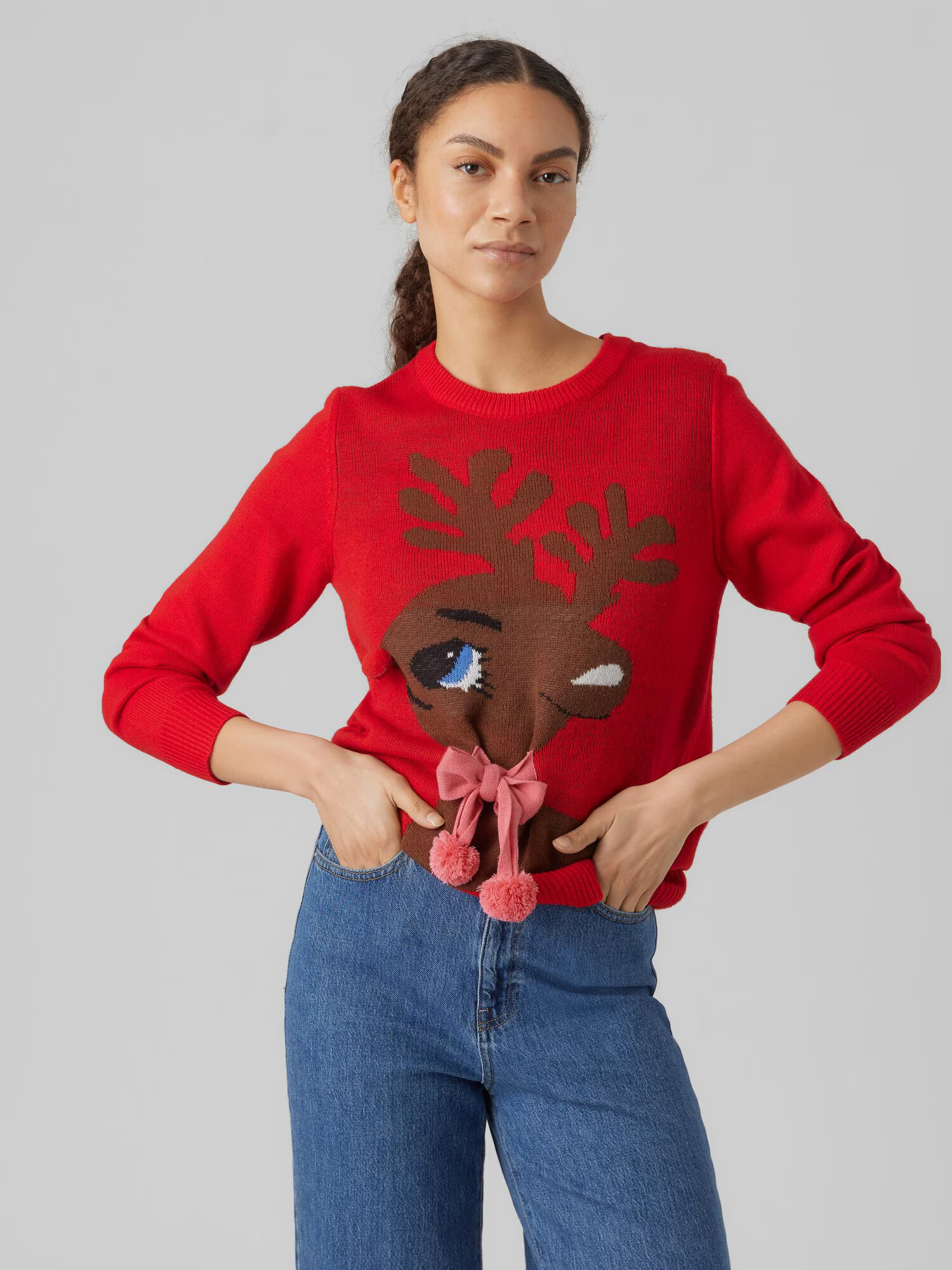 VERO MODA Sveter 'CUTE DEER' tmavohnedá / ružová / červená / biela - Pepit.sk