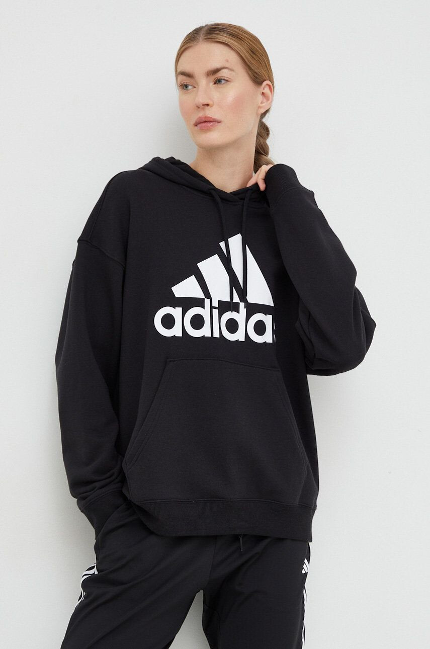 adidas Bavlnená mikina dámska čierna farba s kapucňou s potlačou - Pepit.sk