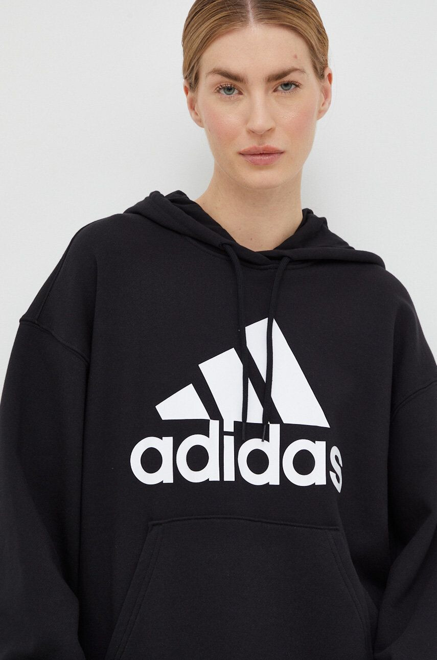 adidas Bavlnená mikina dámska čierna farba s kapucňou s potlačou - Pepit.sk