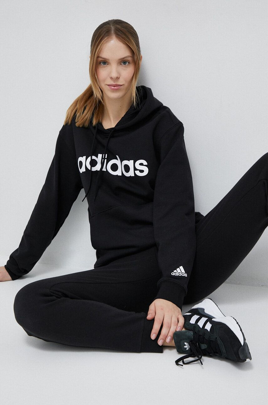 adidas Bavlnená mikina dámska čierna farba s kapucňou vzorovaná - Pepit.sk