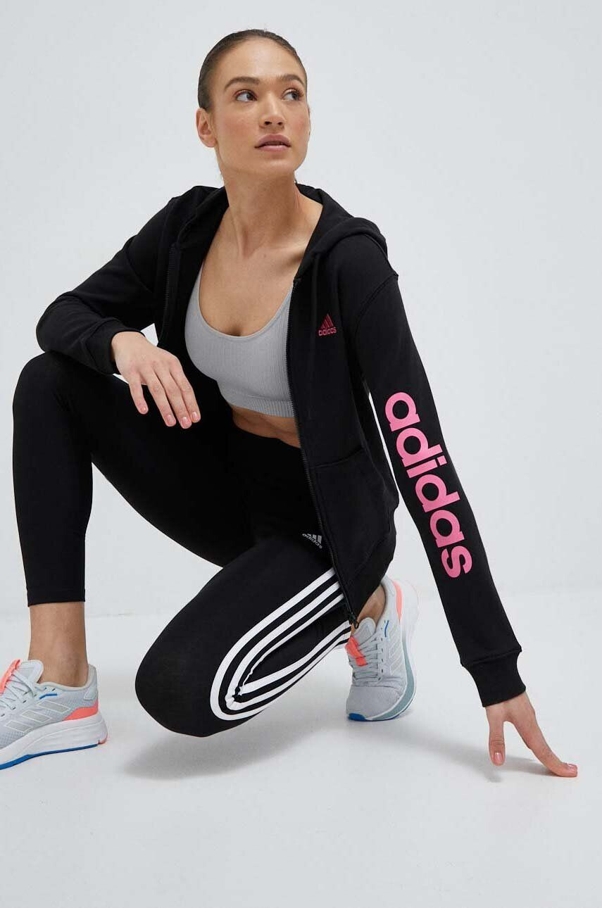 adidas Bavlnená mikina dámska čierna farba s kapucňou jednofarebná - Pepit.sk