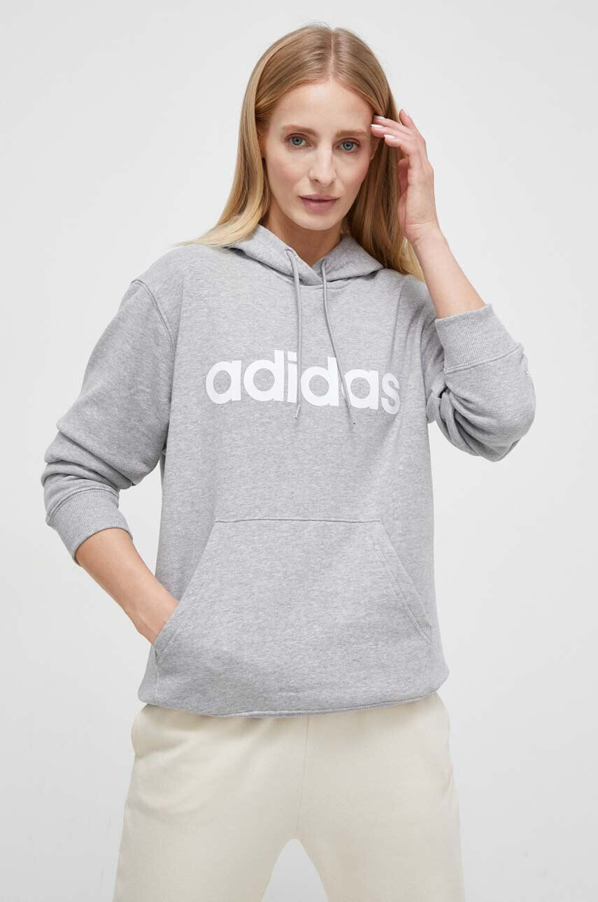 adidas Bavlnená mikina dámska šedá farba s kapucňou s potlačou - Pepit.sk