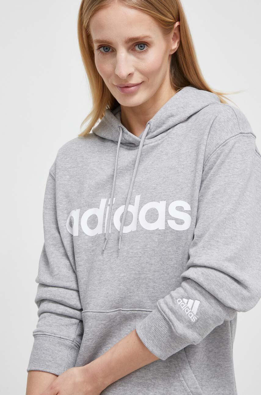 adidas Bavlnená mikina dámska šedá farba s kapucňou s potlačou - Pepit.sk