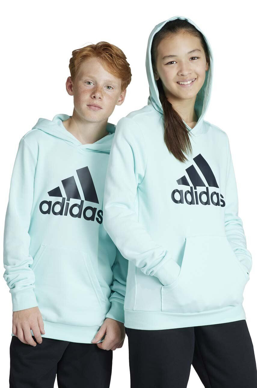 adidas Detská mikina tyrkysová farba s kapucňou s potlačou - Pepit.sk