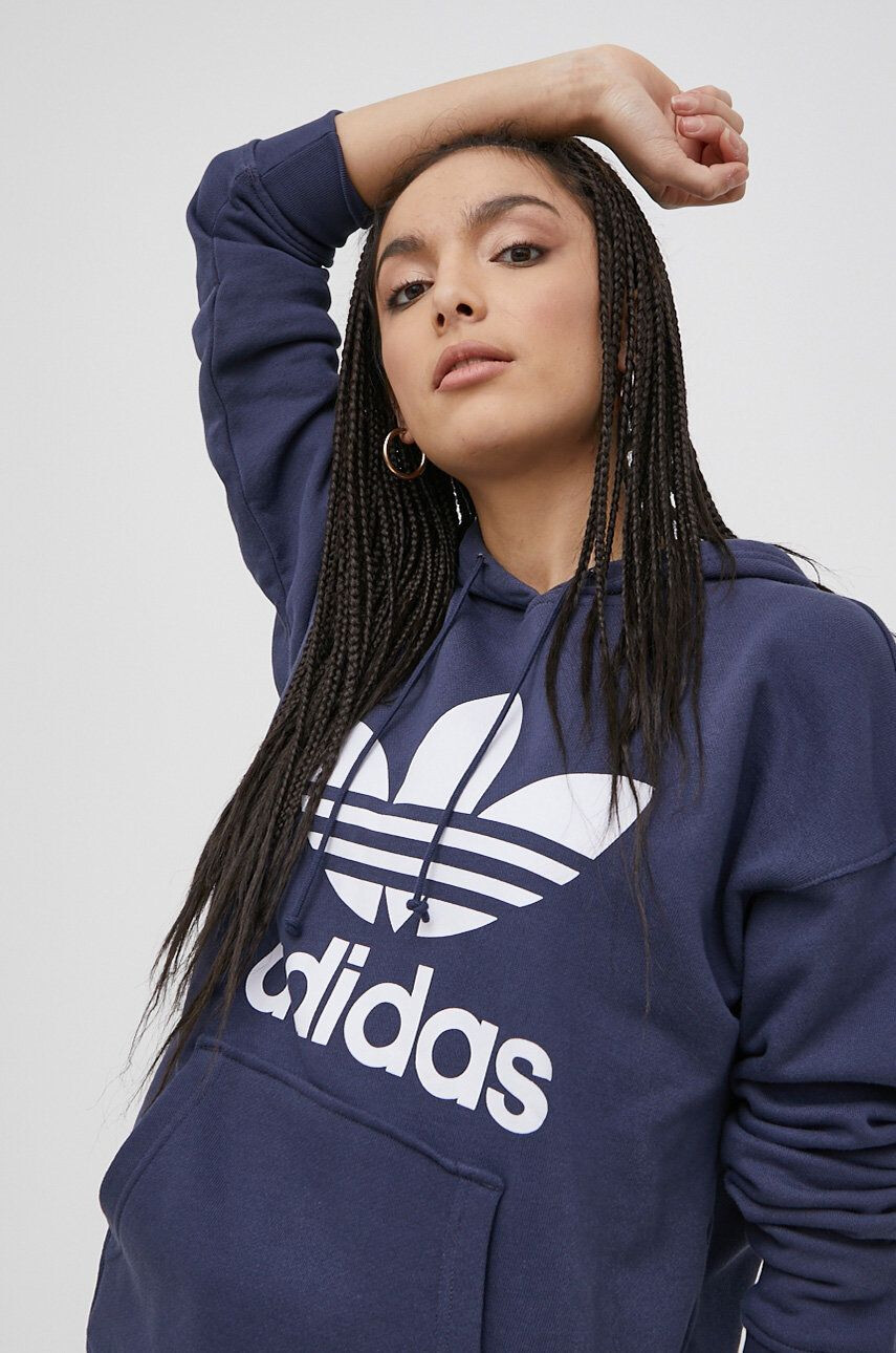 adidas Originals Bavlnená mikina HE6951 dámska tmavomodrá farba s potlačou - Pepit.sk