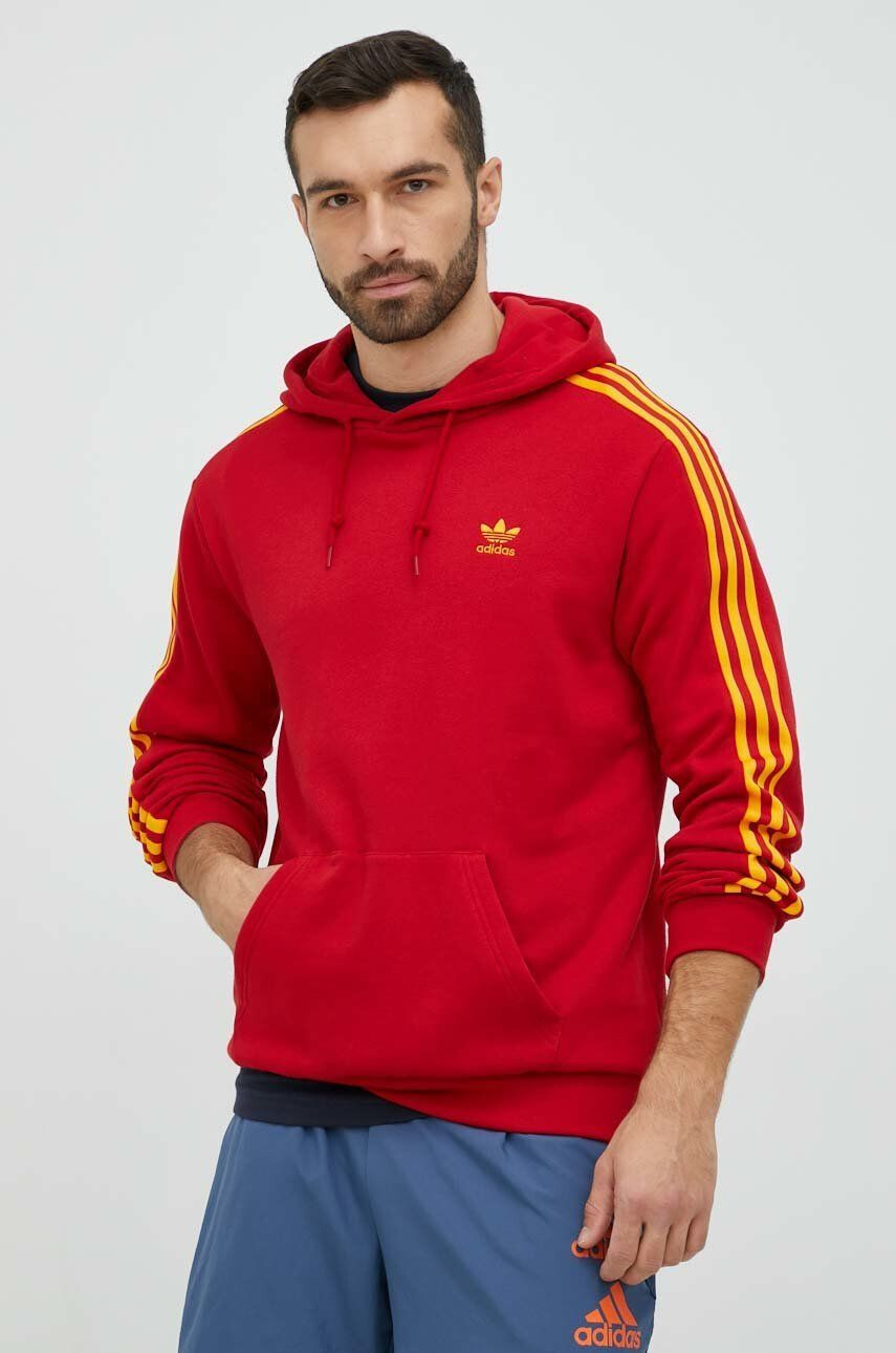 adidas Originals Bavlnená mikina pánska červená farba s kapucňou s nášivkou - Pepit.sk