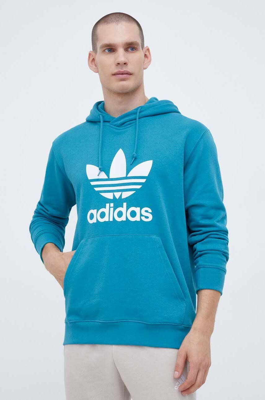 adidas Originals Bavlnená mikina pánska tyrkysová farba s kapucňou s potlačou - Pepit.sk