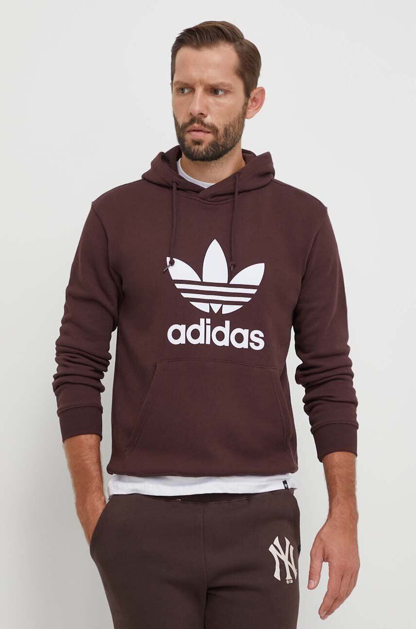 adidas Originals Bavlnená mikina pánska hnedá farba s kapucňou s potlačou - Pepit.sk