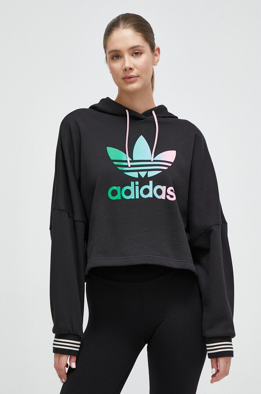 adidas Originals Bavlnená mikina dámska čierna farba s kapucňou s nášivkou - Pepit.sk