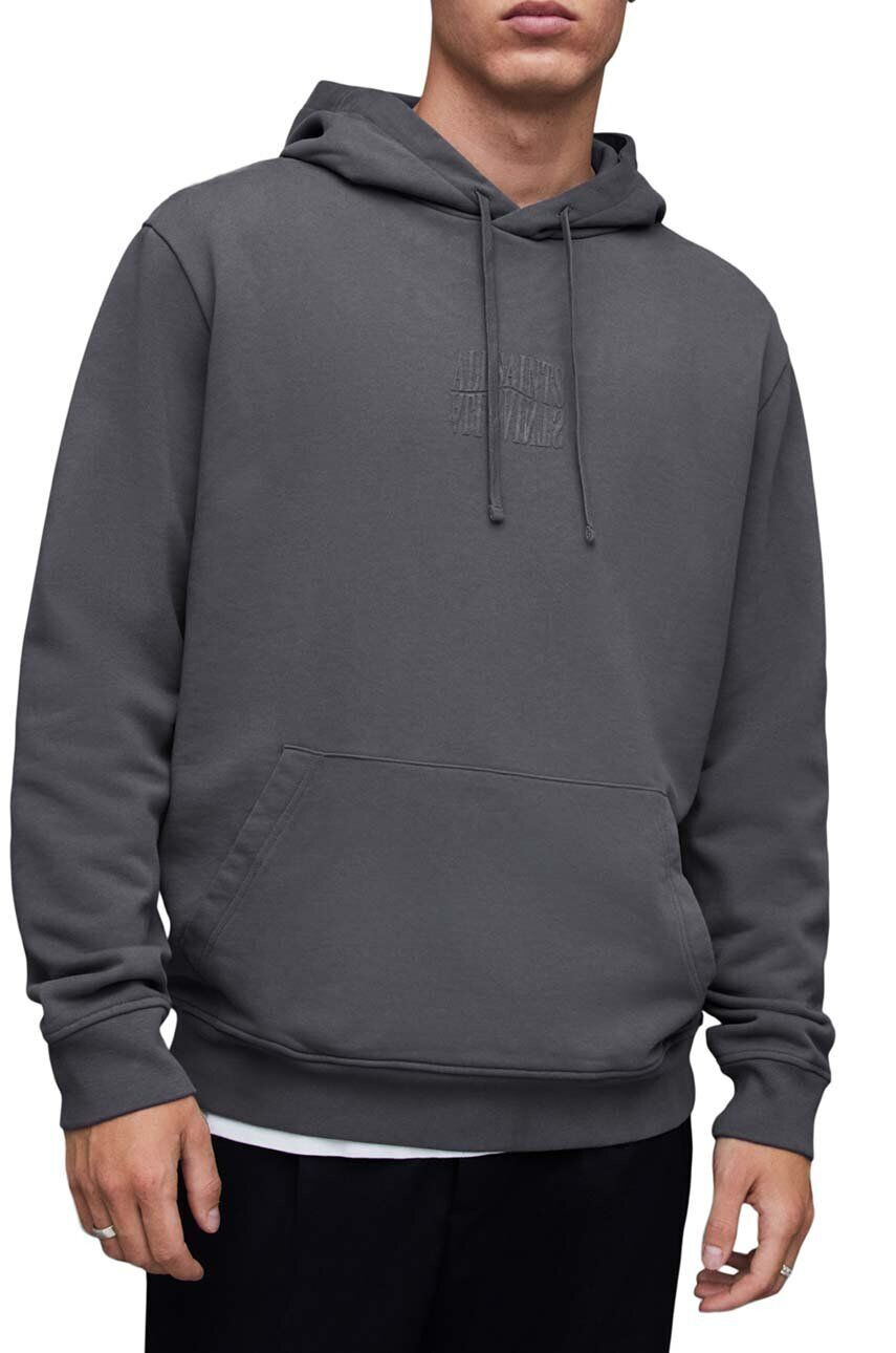 AllSaints Bavlnená mikina MG114Z VARDEN OTH HOODY pánska šedá farba s kapucňou s potlačou - Pepit.sk