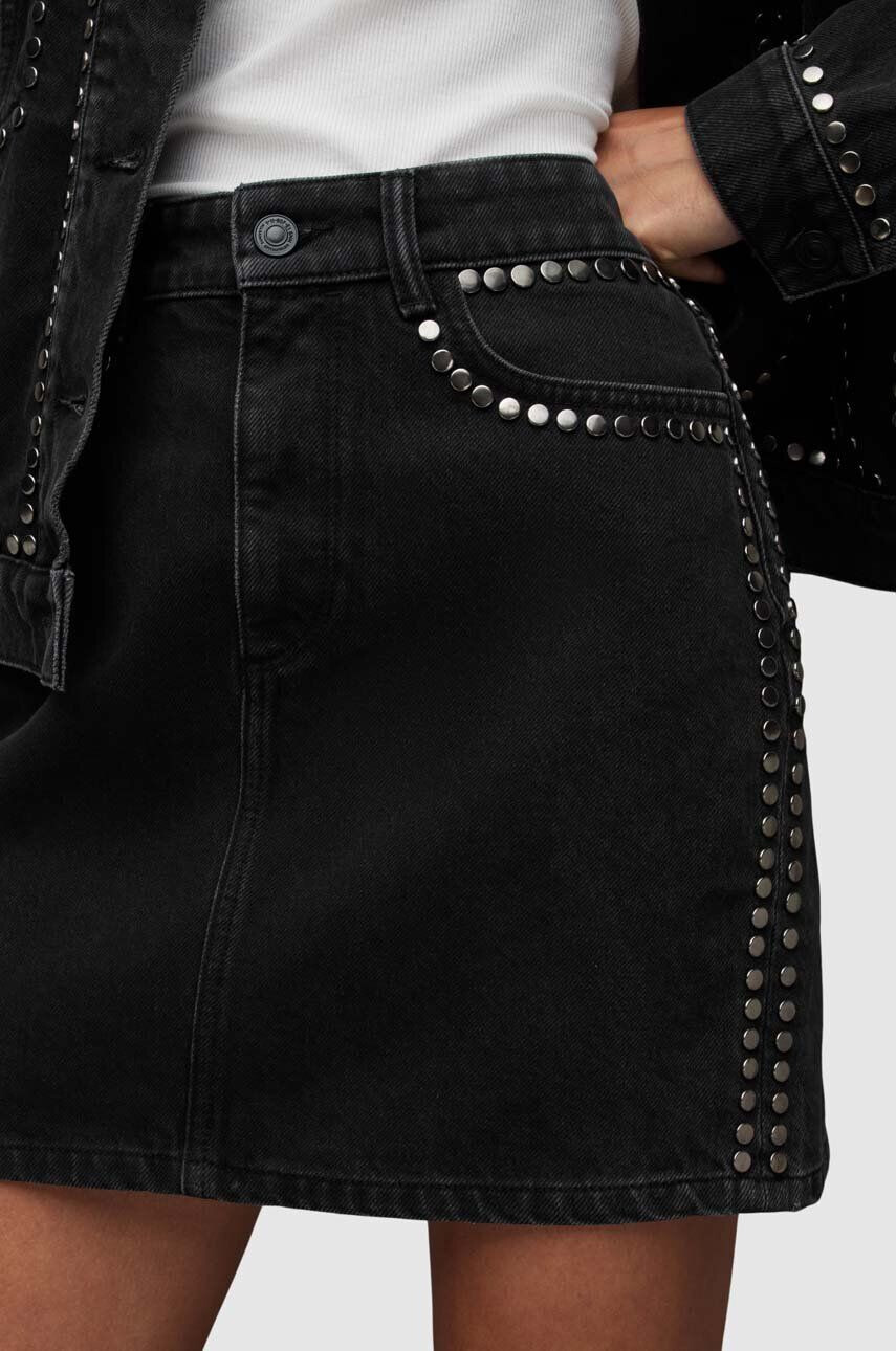 AllSaints Sukňa WS002Z WINNIE STUD DENIM SK čierna farba mini rovný strih - Pepit.sk