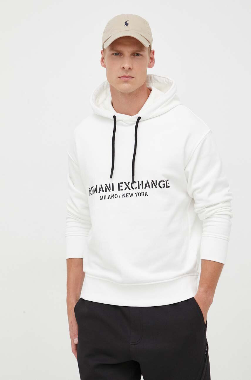 Armani Exchange Bavlnená mikina pánska béžová farba s kapucňou s potlačou - Pepit.sk