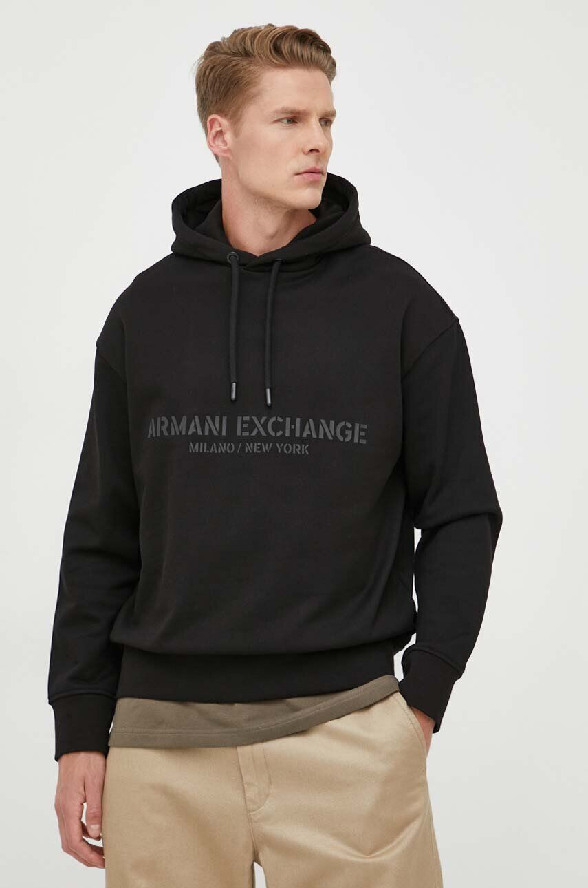 Armani Exchange Bavlnená mikina pánska čierna farba s kapucňou s potlačou - Pepit.sk