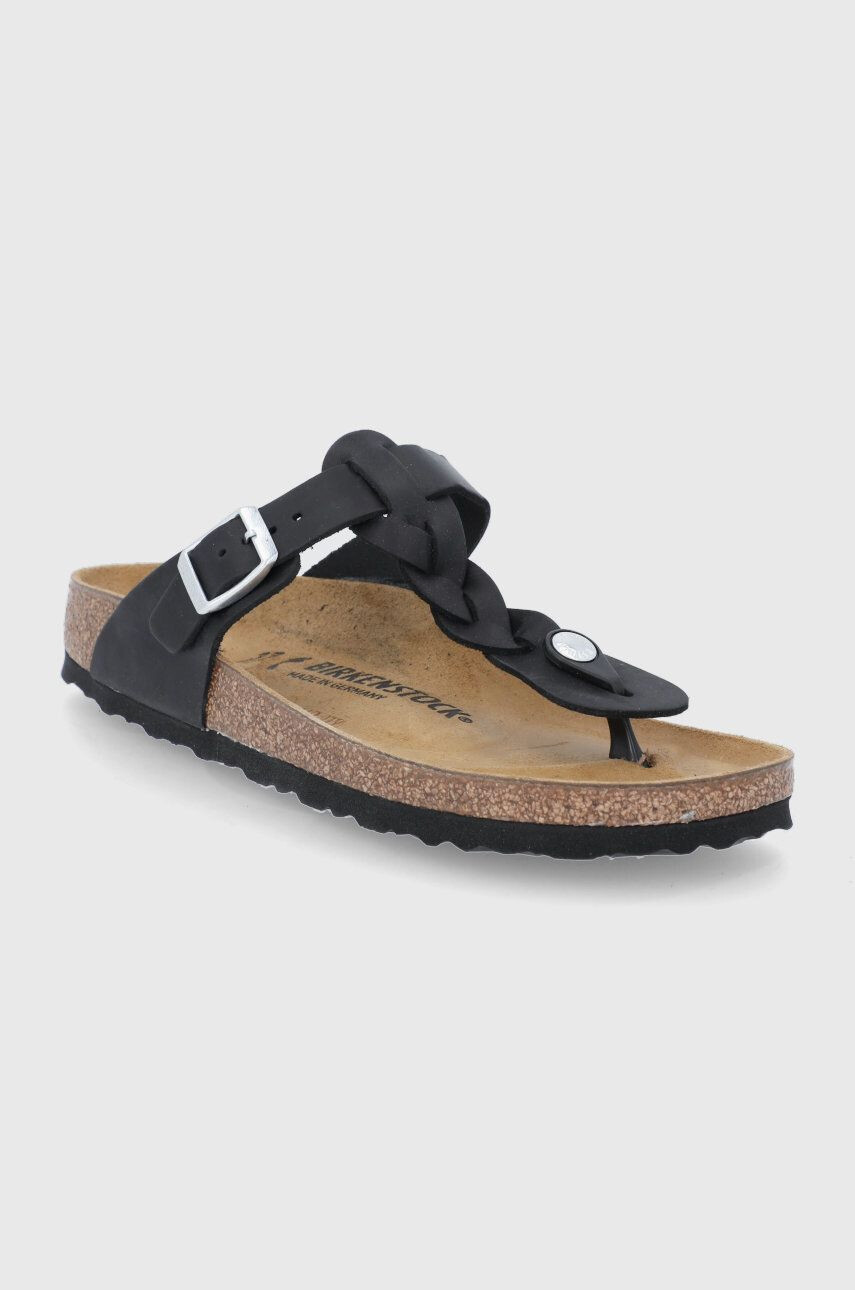 Birkenstock Kožené žabky Gizeh Braided dámske čierna farba na plochom podpätku - Pepit.sk