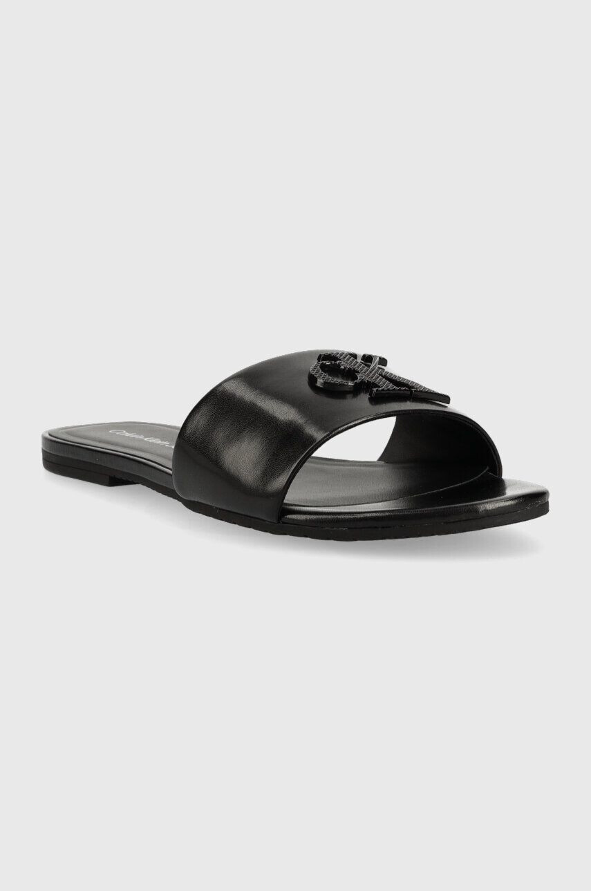 Calvin Klein Jeans Kožené šľapky FLAT SANDAL STRAP HW dámske čierna farba YW0YW00952 - Pepit.sk