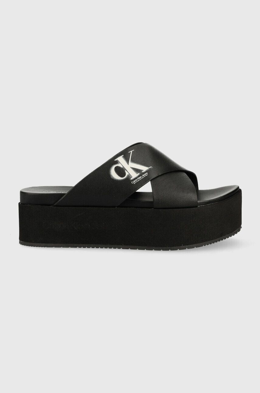 Calvin Klein Jeans Kožené šľapky FLATFORM CRISSX OVERSIZED BRAND - Pepit.sk