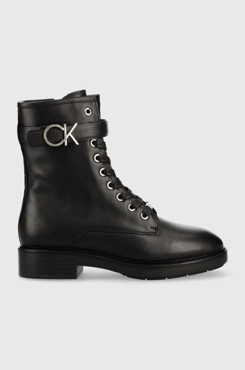 Calvin Klein Kožené členkové topánky Rubber Sole Combat Boot dámske čierna farba na plochom podpätku - Pepit.sk