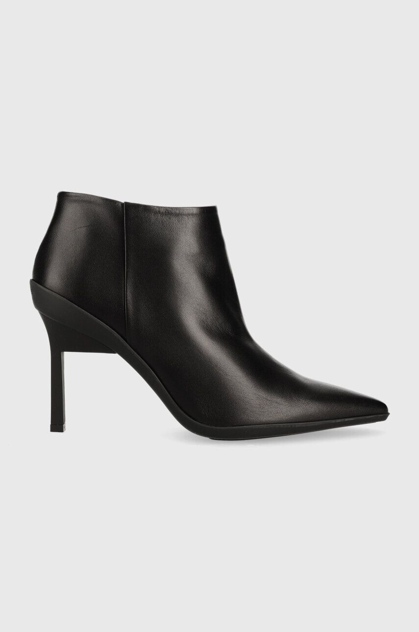 Calvin Klein Kožené členkové topánky WRAP STILETTO ANKLE dámske čierna farba na vysokom podpätku HW0HW01600 - Pepit.sk