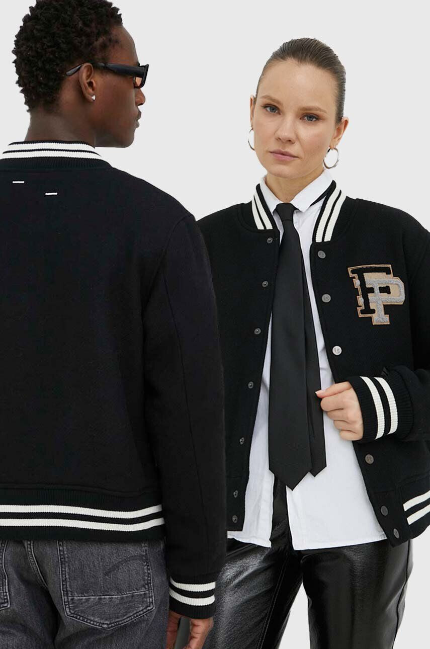 Filling Pieces Vlnená bunda bomber Varsity Jacket čierna farba prechodná oversize 81422201863 - Pepit.sk