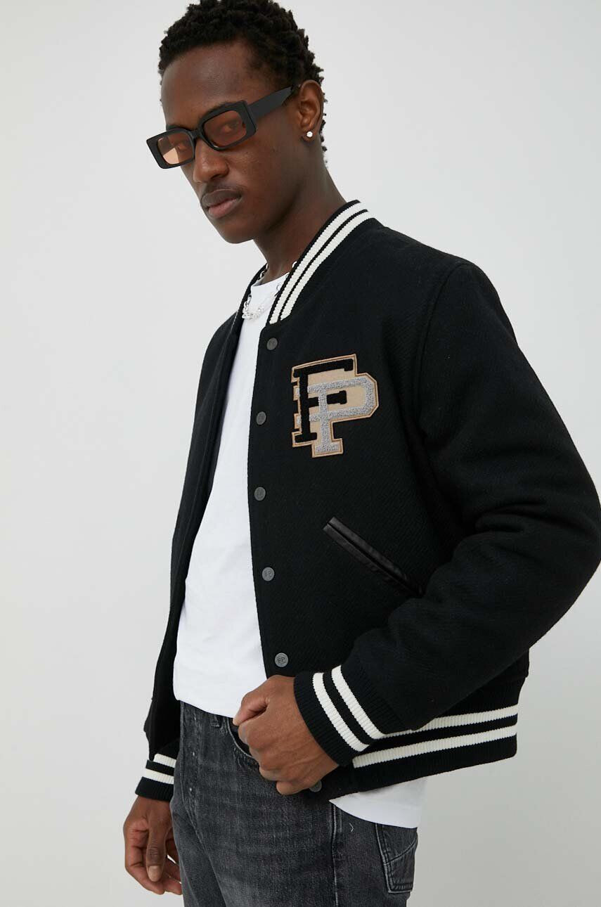 Filling Pieces Vlnená bunda bomber Varsity Jacket čierna farba prechodná oversize 81422201863 - Pepit.sk