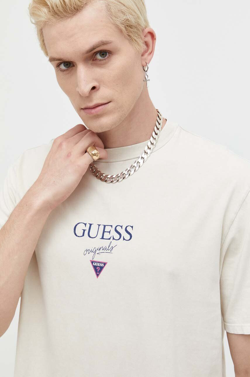 Guess Originals Bavlnené tričko béžová farba s potlačou - Pepit.sk