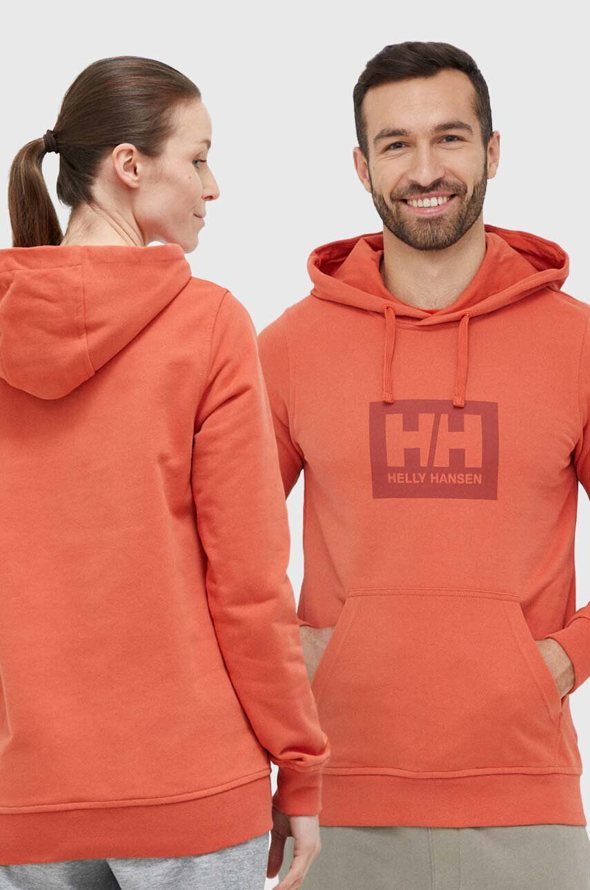 Helly Hansen Bavlnená mikina 53289-597 oranžová farba s kapucňou s potlačou - Pepit.sk