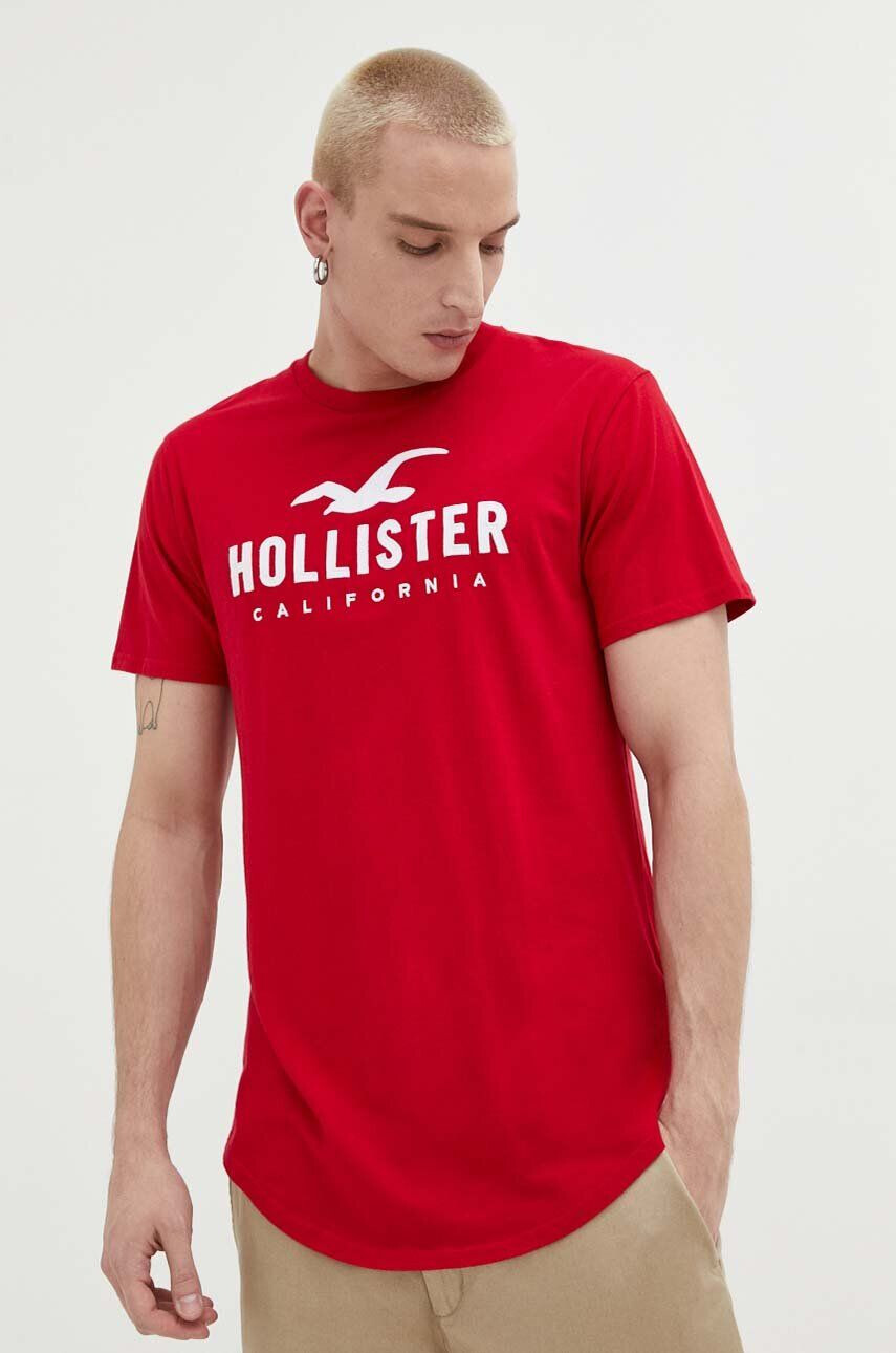 Hollister Co. Bavlnené tričko červená farba s nášivkou - Pepit.sk